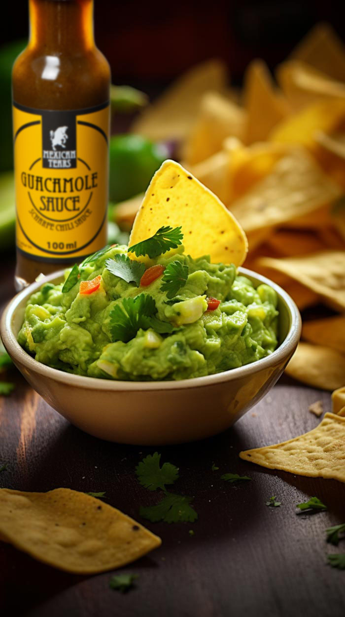 guacamole mit nachos und unscharfem Hintergrund