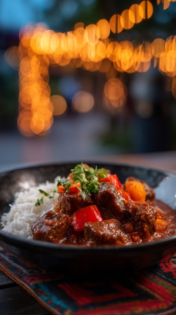 Nahaufnahme des fertigen Gulaschs mit Koriander