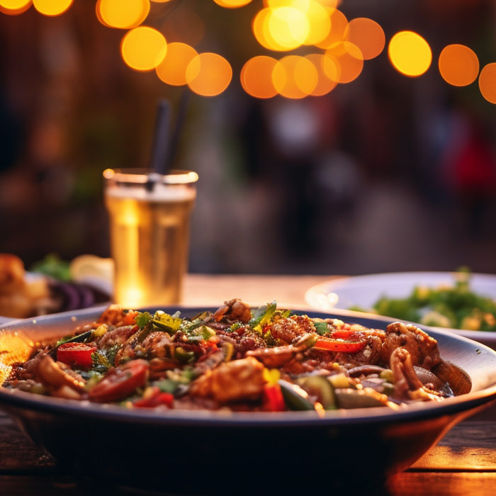 Ein Teller mit würzigem Gumbo, reich garniert mit Hühnerfleisch, roten Paprikastreifen und grünen Zwiebeln, stimmungsvoll beleuchtet vor einem Hintergrund mit warmen Lichtbokeh-Effekten.