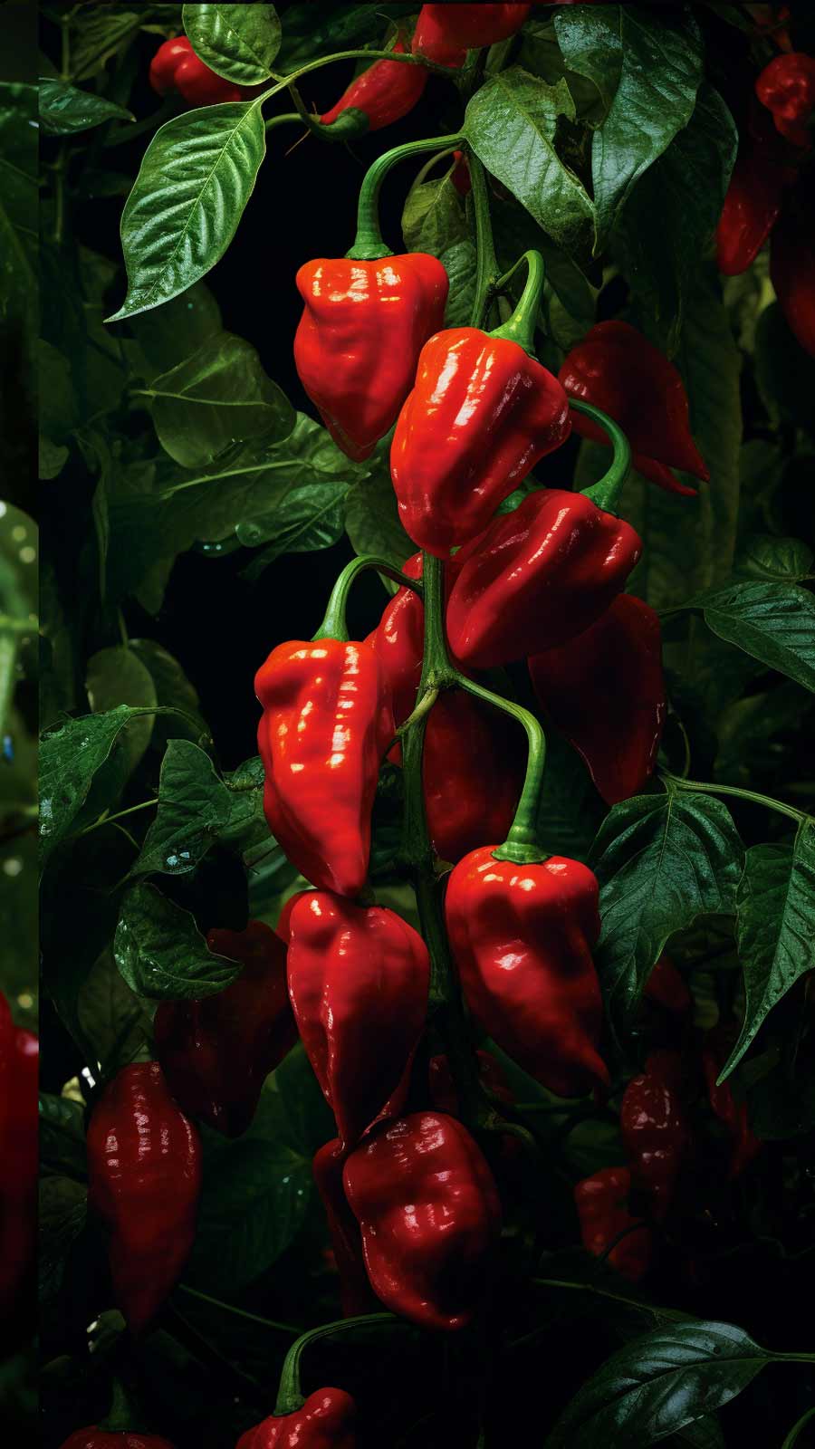 Blick auf einen Habanero Red Savina Strauch mit großen, roten Chilis