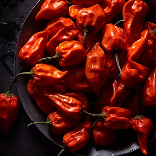 Verschiedene Habanero-Chilis in kräftigen Farben