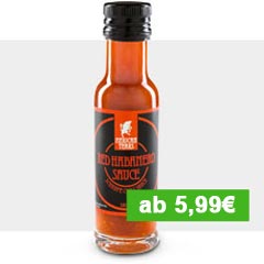 Flasche Mexican Tears Red Habanero Hot-Sauce mit Preisauszeichnung und grauem, edlem Streifen im Hintergrund um optischen Halt auf der Website zu bekommen.