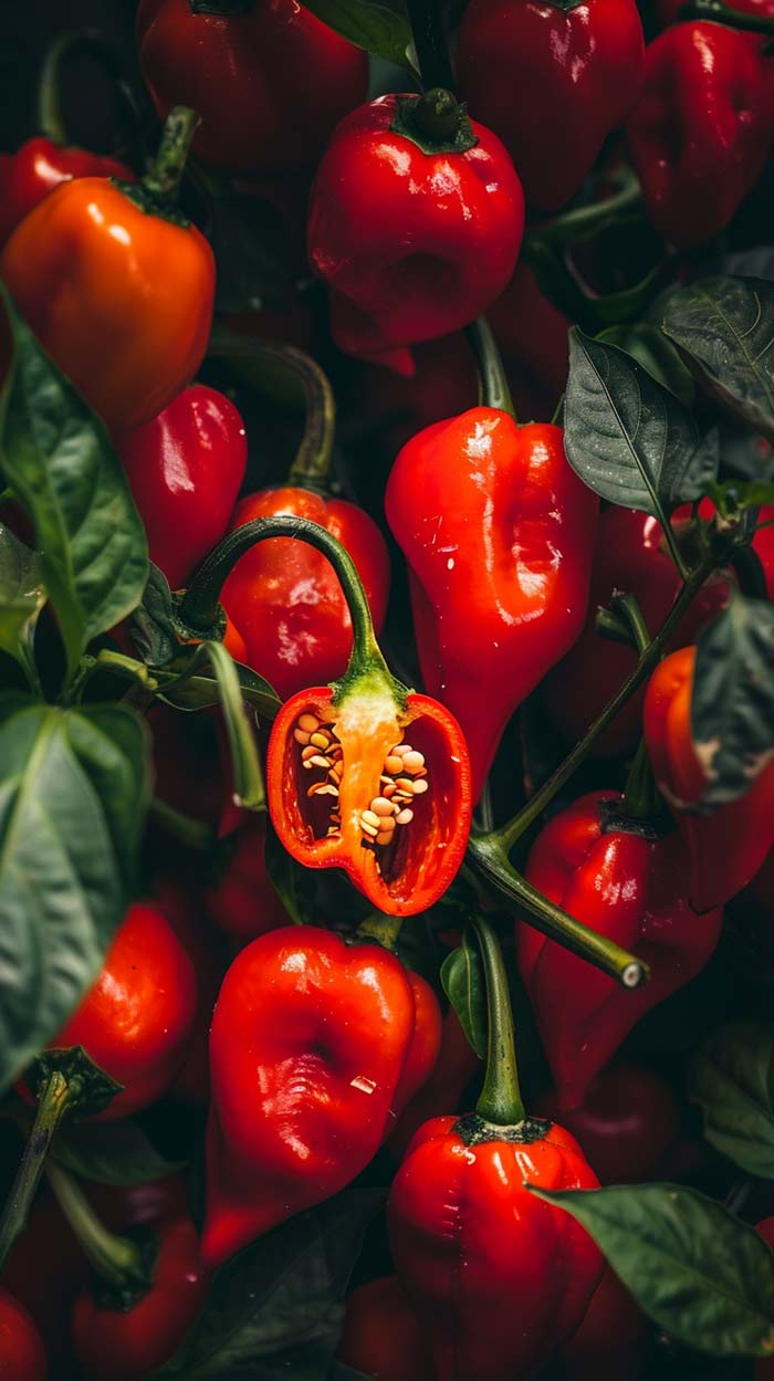 Eine Fülle von reifen, leuchtend roten Habanero-Chilischoten mit glänzender Oberfläche, eingebettet in grünes Blattwerk. Eine aufgeschnittene Schote enthüllt die Samen und das saftige Innere.
