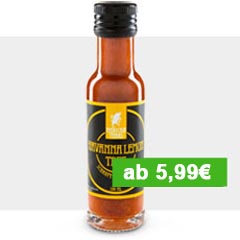 Eine Flasche Havanna Lemon Tree Hot-Sauce mit Preisauszeichnung und grauem, edlem Streifen im Hintergrund um optischen Halt auf der Website zu bekommen.
