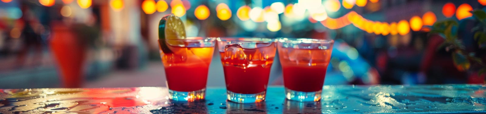 Drei Cocktails mit roter Farbgebung, garniert mit Limettenscheiben, stehen auf einer nassen Bartheke, im Hintergrund sind verschwommene Lichter zu sehen, die eine lebendige Abendatmosphäre schaffen.