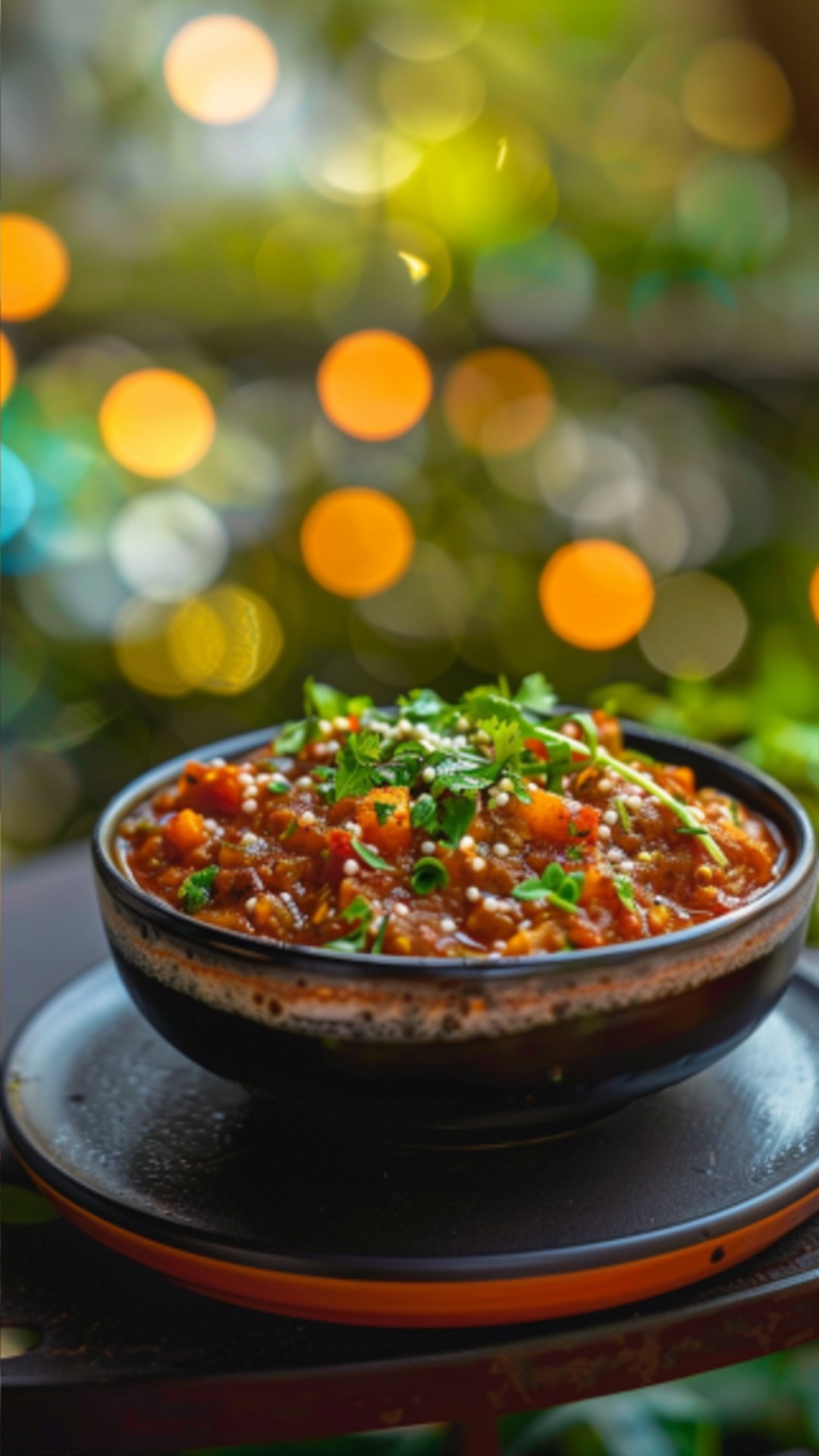 Indisches Chutney mit Koriander und Tomaten auf einem Teller.