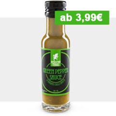 Eine Flasche Green Pepper Sauce - Hot-Sauce aus Jalapenos mit Preisauszeichnung und grauem, edlem Streifen im Hintergrund um optischen Halt auf der Website zu bekommen.