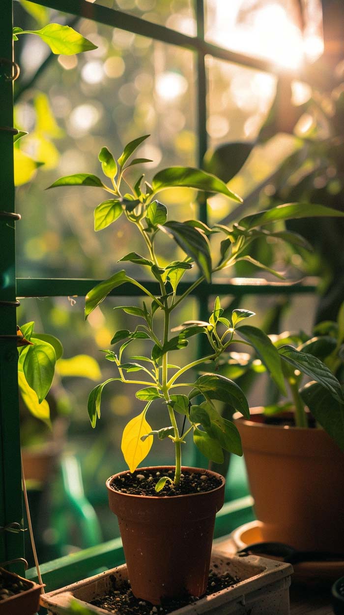 Saftige, grüne Jalapeño-Chilis behängt mit Wassertropfen an einem Strauch, umgeben von üppigen Blättern.