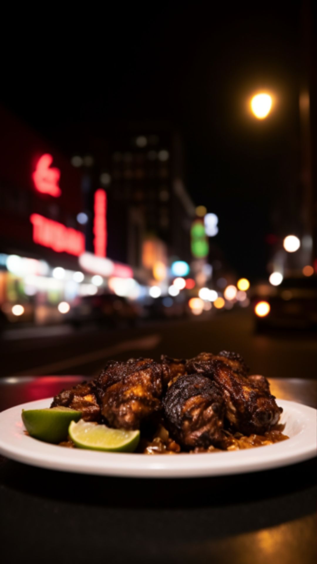 Jamaican Jerk Chicken mit frischen Kräutern garniert.