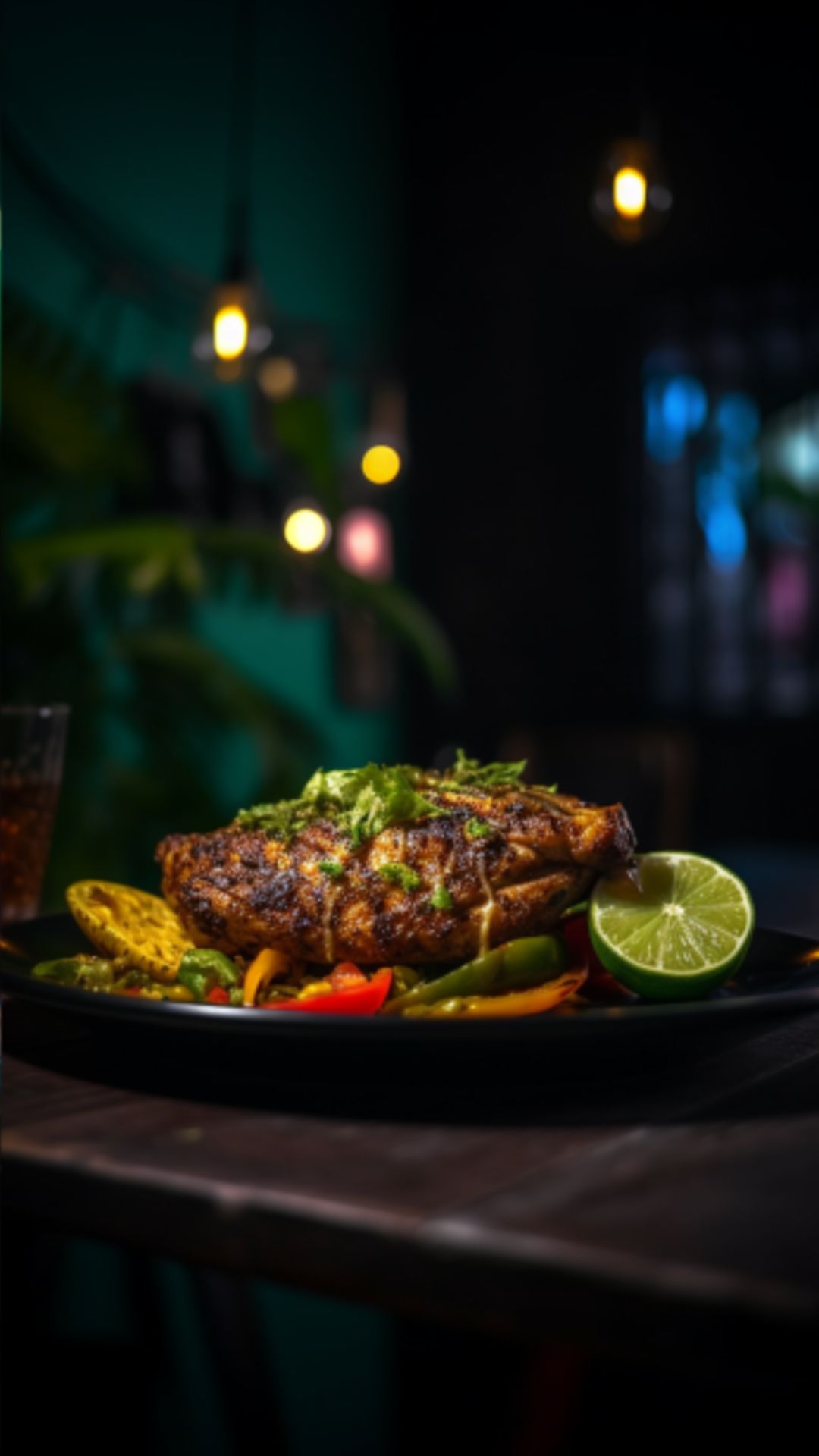 Nahaufnahme von Jamaican Jerk Chicken, serviert auf einem rustikalen Tisch.