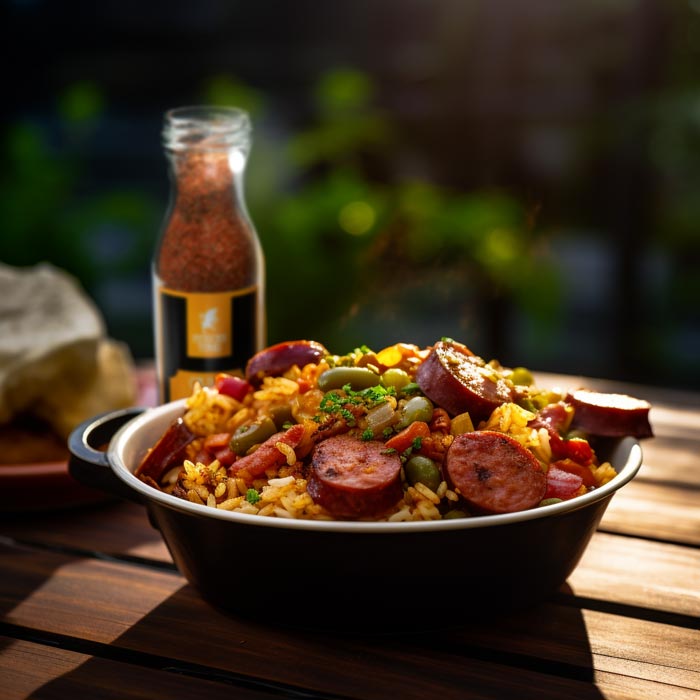 Eine Schüssel Jambalaya mit Scheiben von Wurst, Gemüse und Reis, gewürzt mit Cajun-Gewürzmischung, auf einem Holztisch im Sonnenlicht.