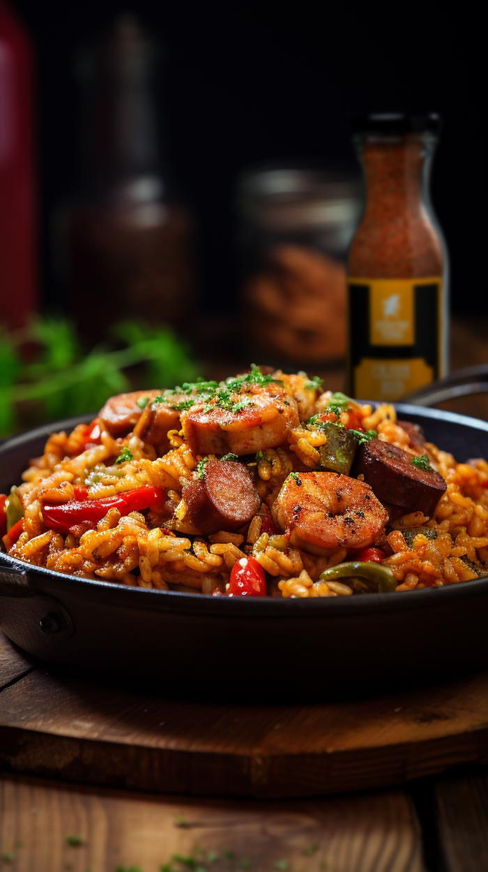 Ein appetitlicher Teller Jambalaya mit garnierten Shrimps, geschnittenen Wurststücken und Gemüse, serviert in einer schwarzen Pfanne auf einem hölzernen Untergrund.