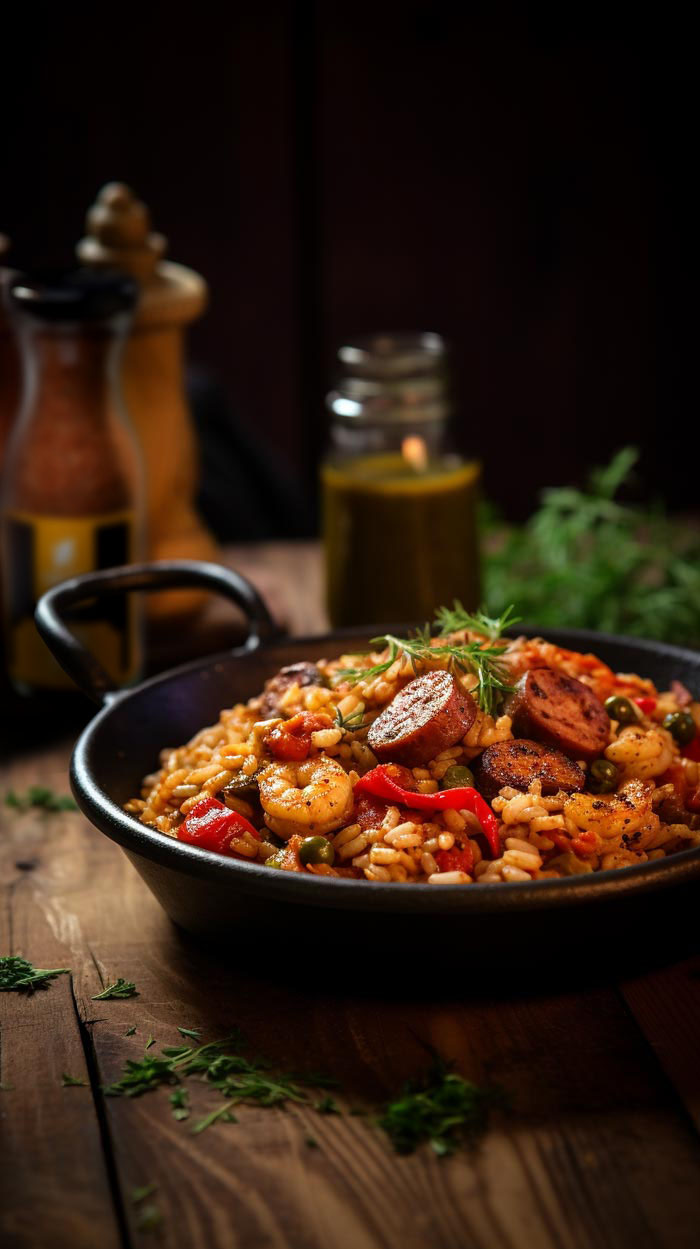 Ein Teller mit würzigem Jambalaya, reich garniert mit Garnelen, andouille Wurst, Paprika und Erbsen, stimmungsvoll präsentiert mit gedämpftem Licht.