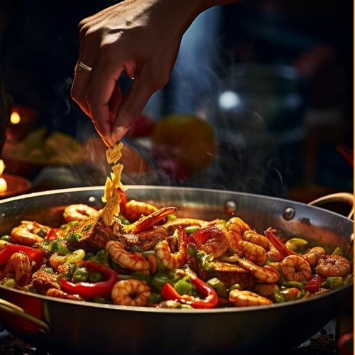 Jambalaya in großer Pfanne, die in einer Küche steht, während eine Hand die letzte Würze hinzufügt.