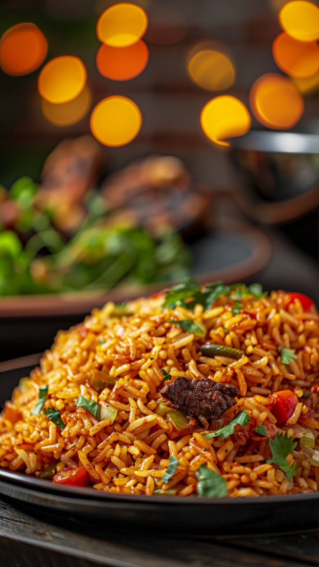 Jollof Rice mit frischen Kräutern garniert.