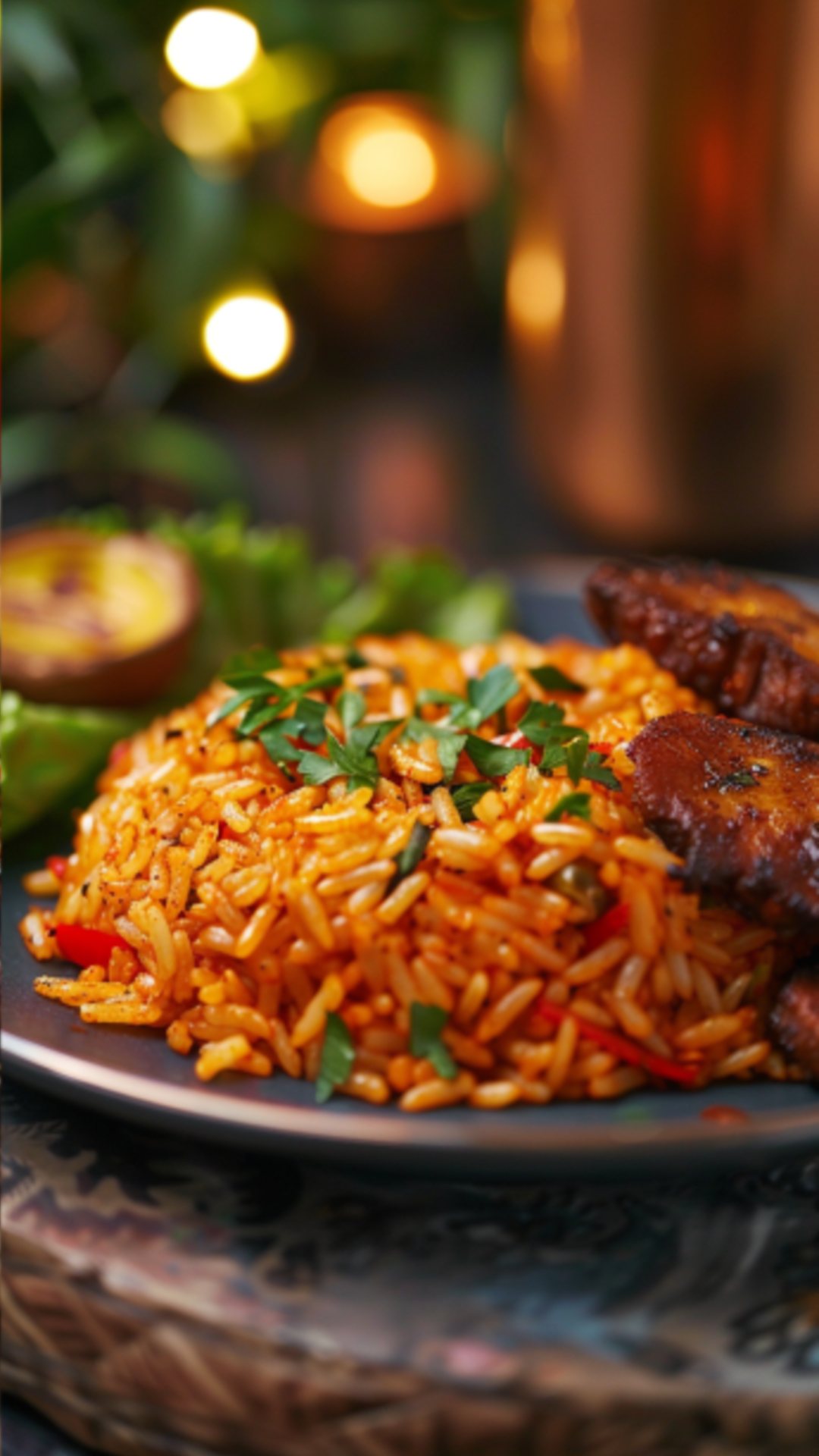 Jollof Rice mit Koriander und Tomaten auf einem Teller.