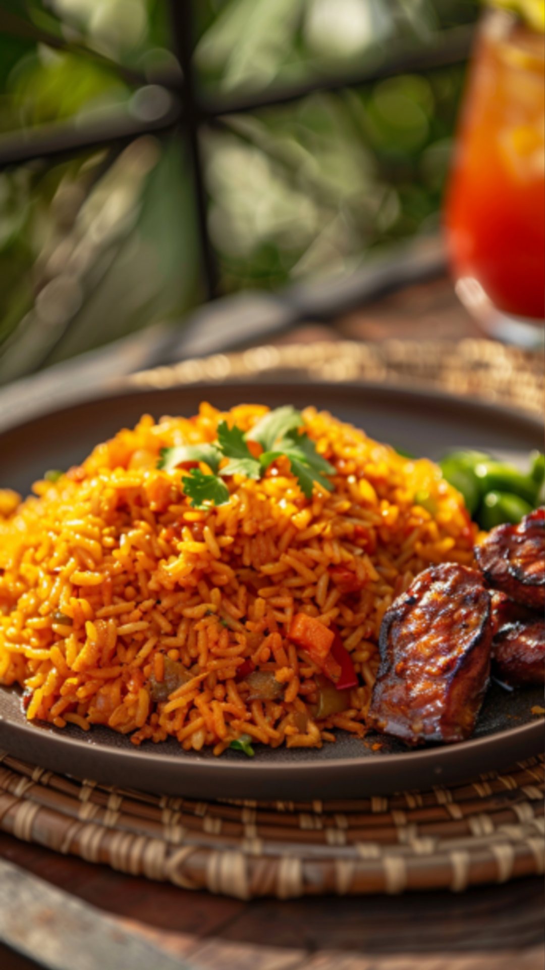 Nahaufnahme von Jollof Rice, serviert auf einem rustikalen Tisch.