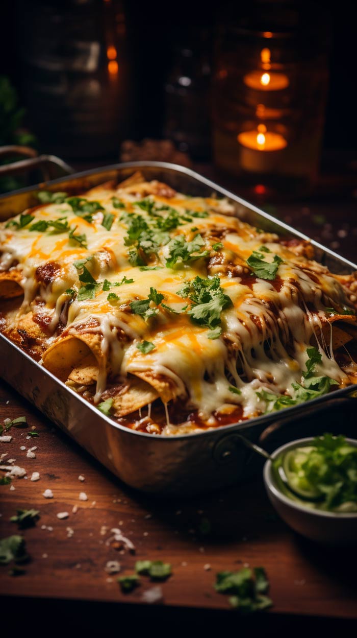 Langgezogene Ofenform gefüllt mit Käse-Enchiladas, bestreut mit frischem Koriander, neben Kerzenlicht.