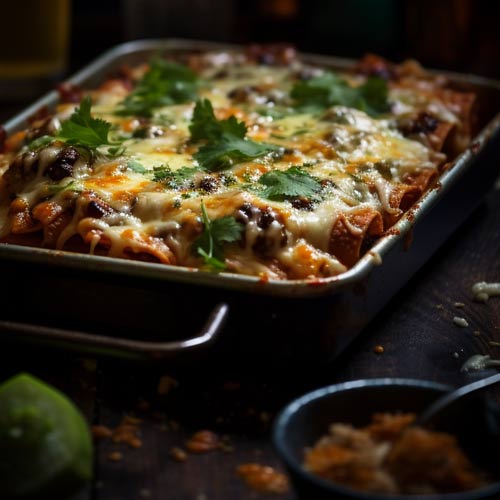 Eine Auflaufform gefüllt mit Käse-Enchiladas, reichlich bedeckt mit geschmolzenem Käse und frischem Koriander auf der Oberseite.