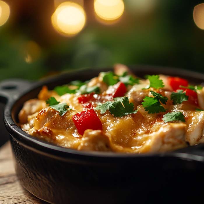 Eine Bowl mit frischem Hähnchen und Tortillas überbacken mit Käse und garniert mit Kräutern. Das King Ranch Chicken ist knusprig goldbraun gebraten und schön angerichtet in einer dunklen Schale. Im Hintergrund sind unscharfe, warme Lichter zu sehen, die ein gemütliches Ambiente erzeugen.