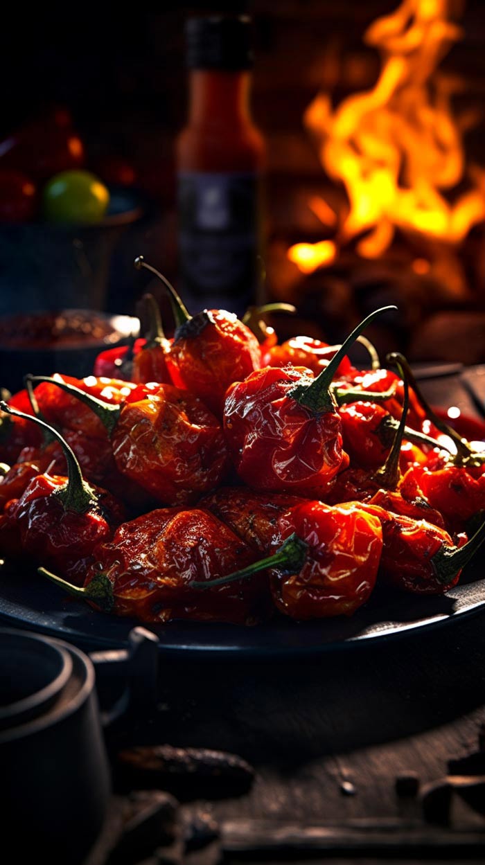 Gegrillte Chilischoten auf einer gusseisernen Pfanne mit lodernden Flammen im Hintergrund.