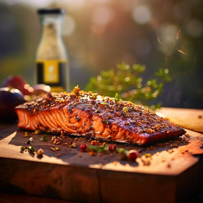 Sonnenuntergangsschmaus: Gegrillter Lachs mit Signature Fish Rub Perfekt gegrilltes Lachsfilet auf einem Holzbrett, reichlich bestreut mit einer farbenfrohen Gewürzmischung, umgeben von frischen Kräutern und roten Beeren, im warmen Abendlicht fotografiert, was die saftige Textur und den goldenen Glanz des Fischs hervorhebt.