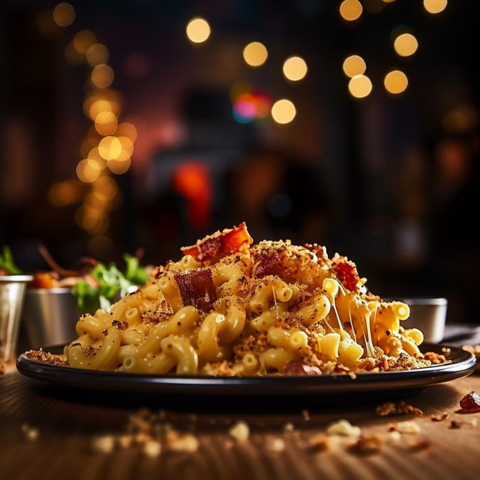 Ein Teller mit cremigem Mac and Cheese, garniert mit knusprigem Bacon und Bröseln, serviert auf einem dunklen Teller mit unscharfem Hintergrund, der warmes Licht und Bokeh-Effekte zeigt.