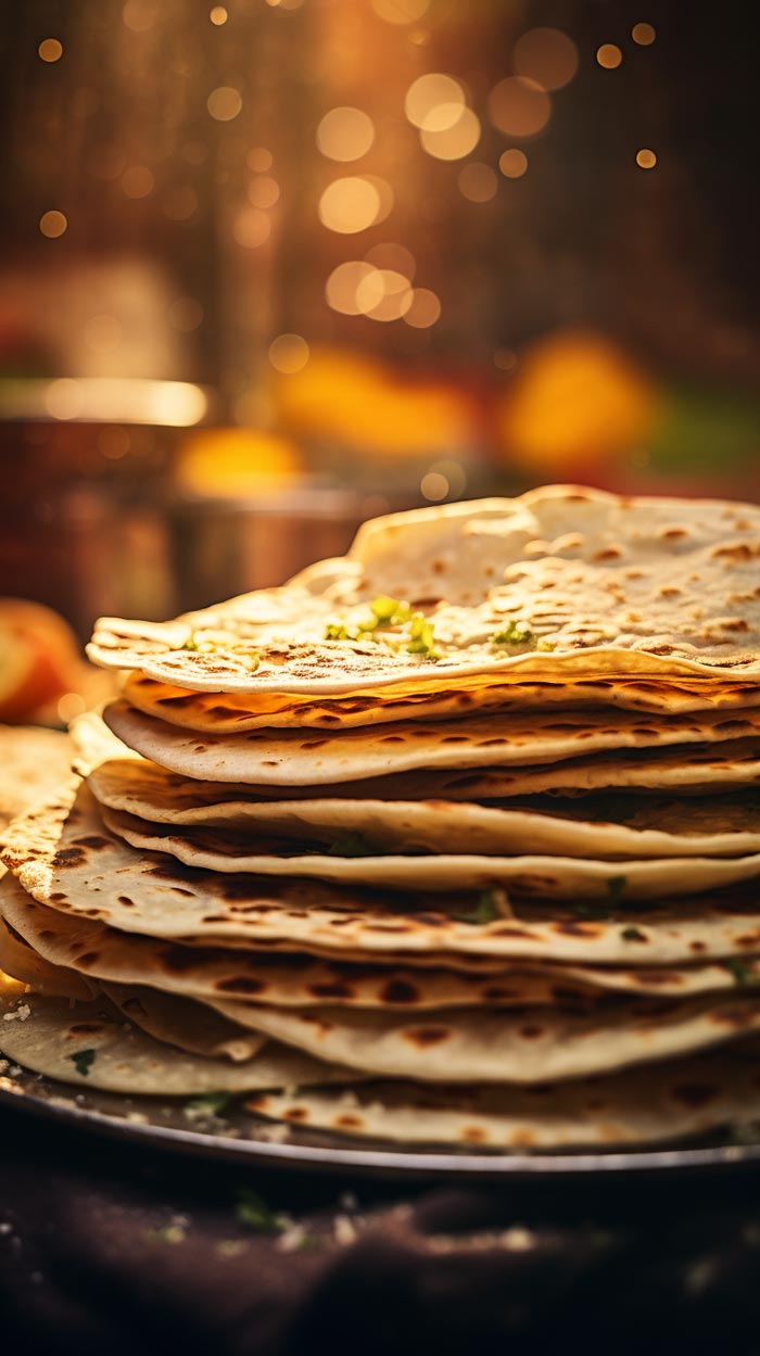 Warme, goldbraune Mais-Tortillas garniert mit grünen Kräutern, serviert bei abendlichem Kerzenlicht.