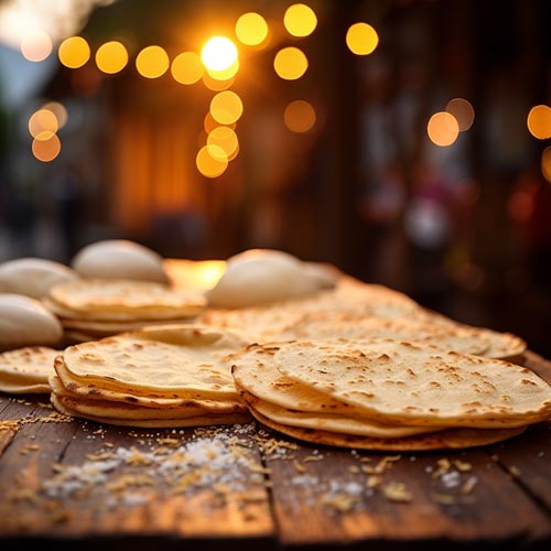 Stapel von frischen Mais-Tortillas auf einem Teller mit atmosphärischem Bokehlicht im Hintergrund.