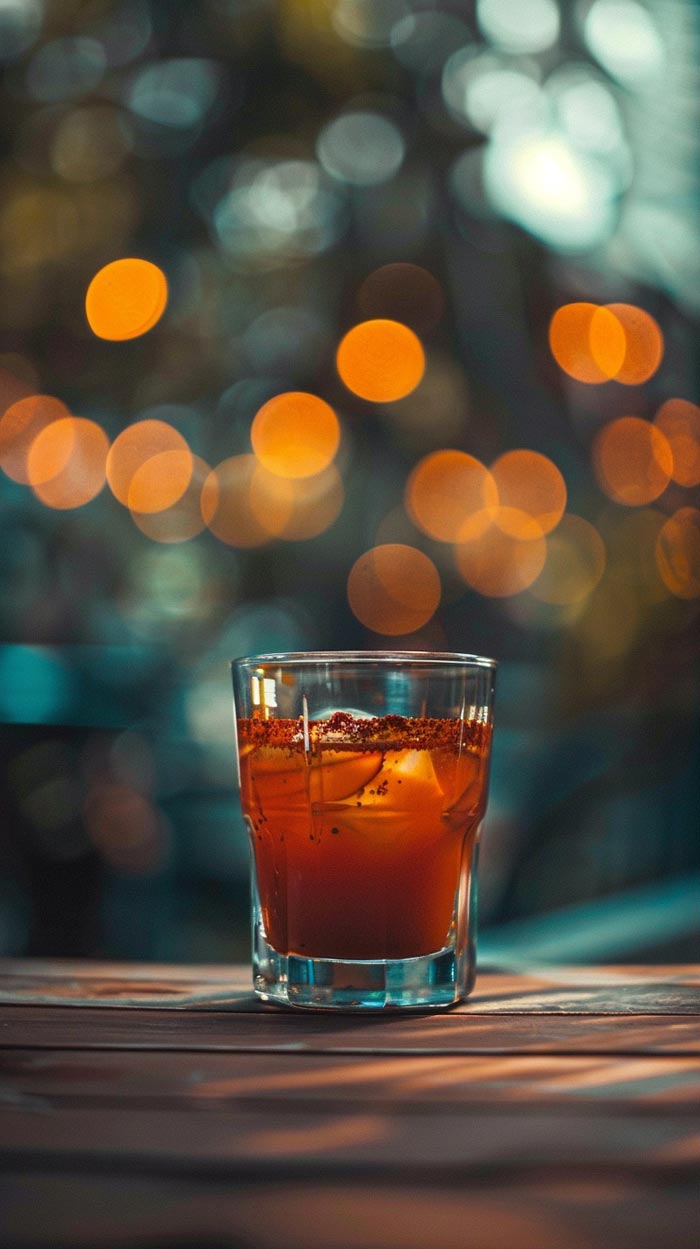 Ein Glas mit mexikanischem Shot, angereichert mit würzigen Gewürzen, vor einem verschwommenen Lichterhintergrund.
