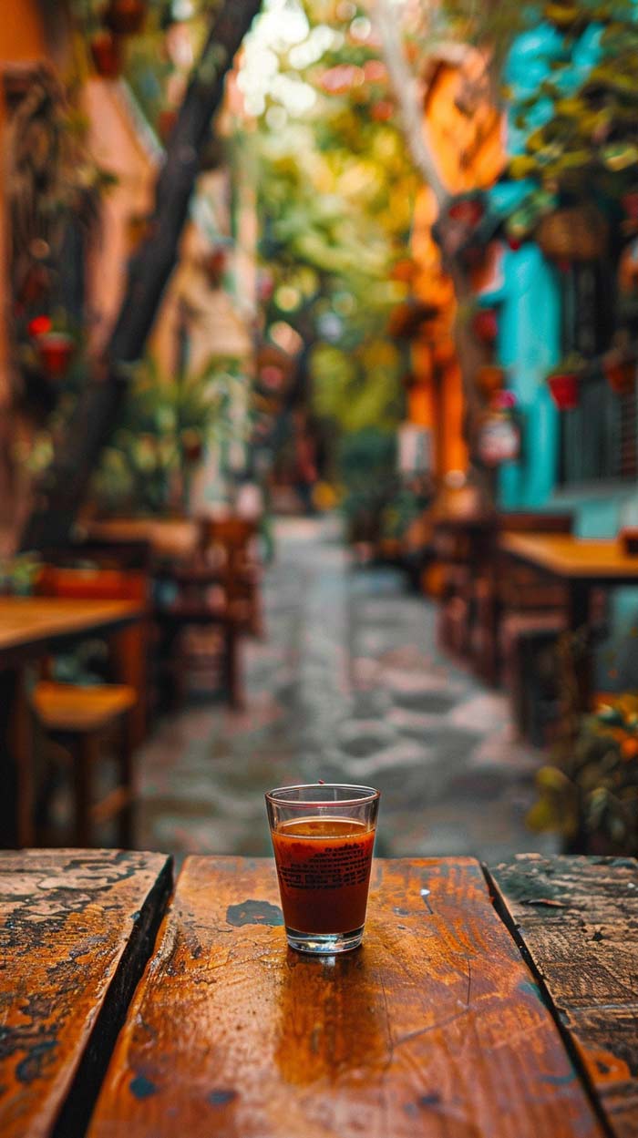 Ein kleines Shotglas gefüllt mit Mexikaner Shot steht auf einem alten, abgenutzten Holztisch in einer malerischen, engen Gasse mit bunten Wänden und Pflanzen an der Seite.