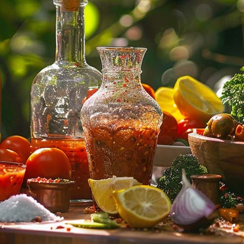 Eine mit pikant aussehender Sauce gefüllte Glasvase auf einem Holztisch, umgeben von frischen Lebensmitteln wie Zitronen, Tomaten, Zwiebeln und Brokkoli, in einem sonnendurchfluteten Garten.