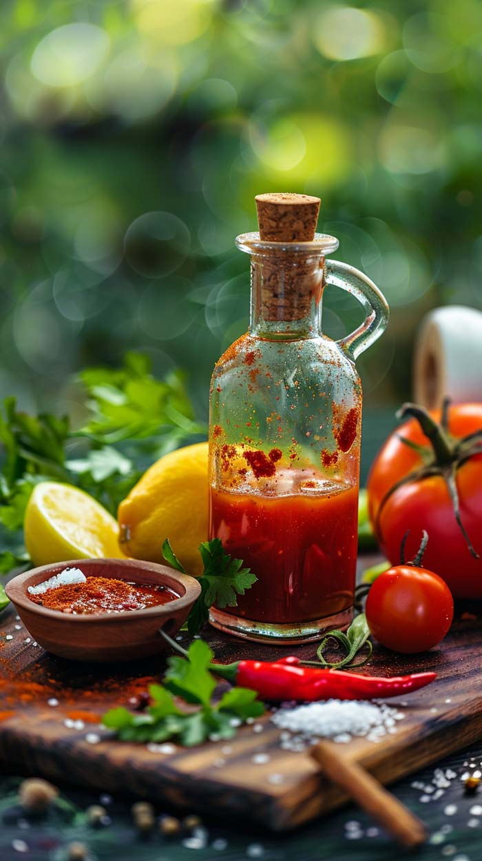 Eine Flasche mit würziger roter Sauce und einem Korken steht auf einem dunklen Holzbrett neben frischen Zutaten wie Zitronen, Tomaten, einer Chilischote, Petersilie und Gewürzen.