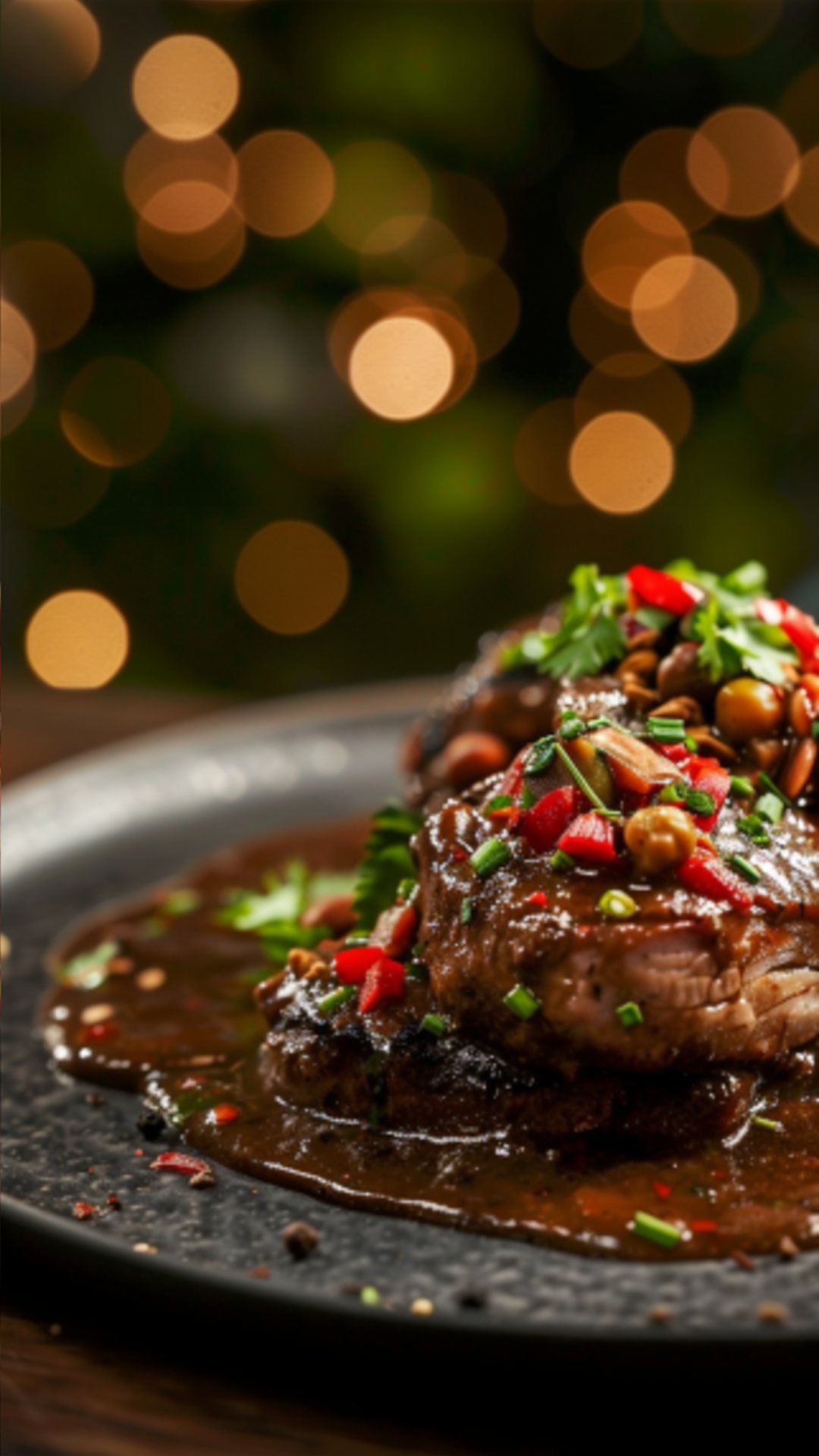 Mexikanische Mole Poblano mit Koriander und Tomaten auf einem Teller.