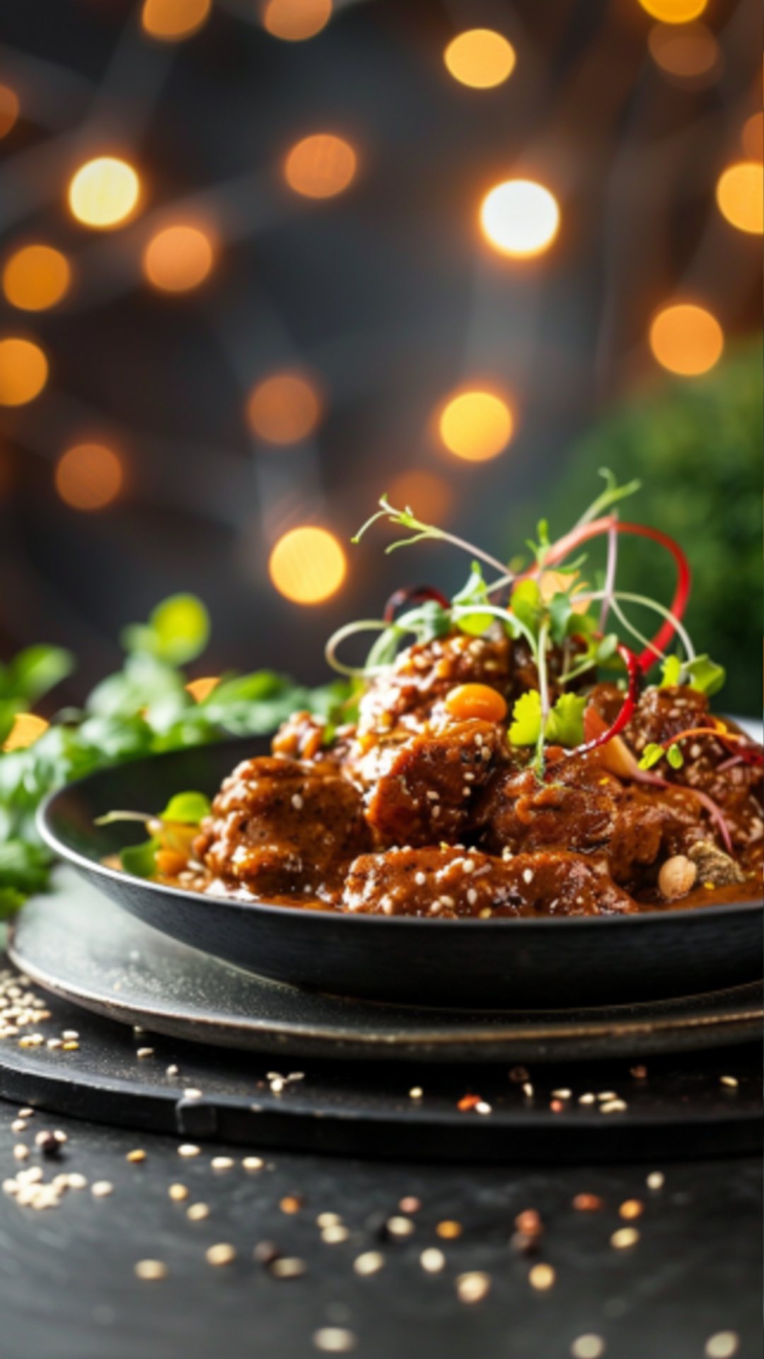 Nahaufnahme von Mexikanischer Mole Poblano, serviert auf einem rustikalen Tisch.