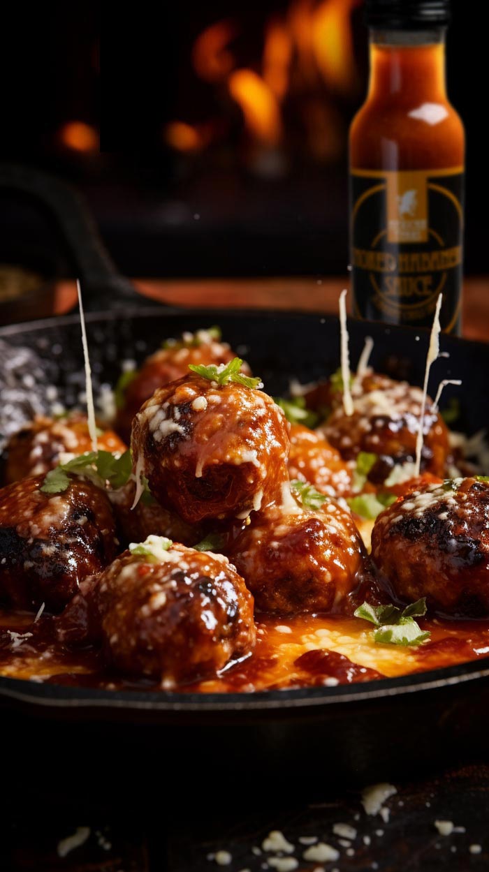 Moink Balls mit Smoked Habanero Sauce von Mexican Tears mit leckerem Käse