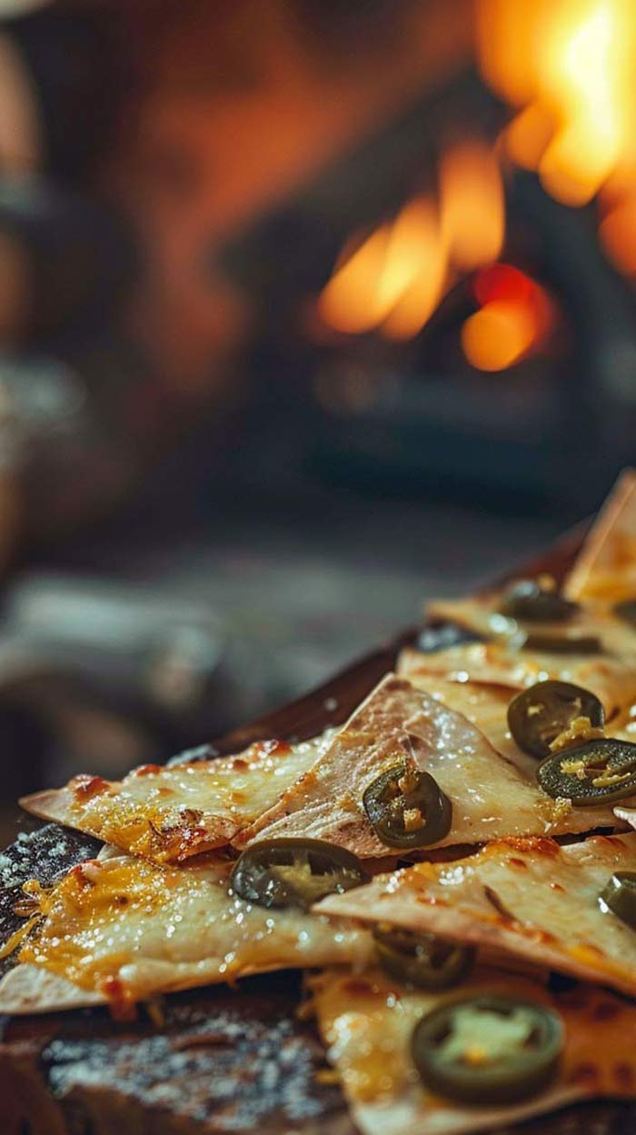 Überbackene Tortillachips mit geschmolzenem Käse und Jalapeños auf einem Holzbrett vor einem gemütlichen Kaminfeuer.