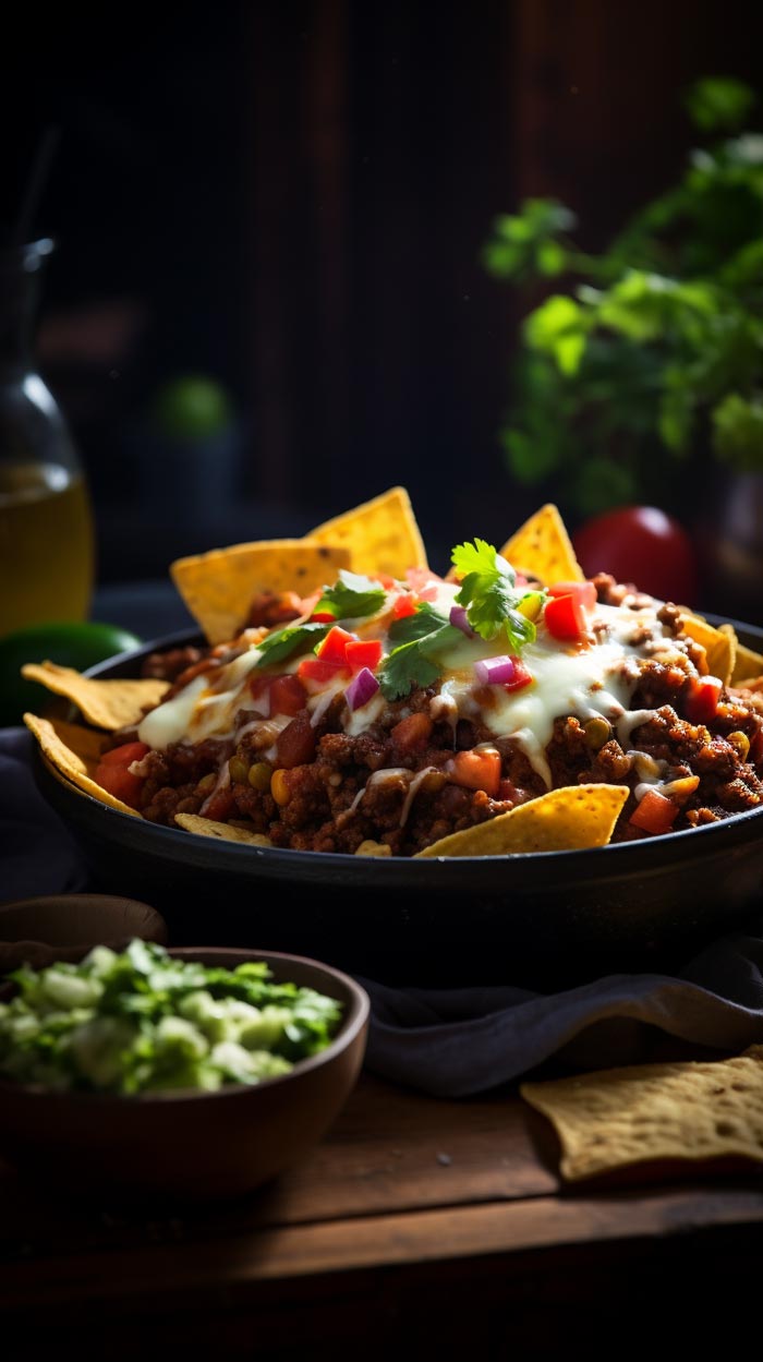 Herzhafte Nachos mit saftigem Rindfleisch, geschmolzenem Käse und frischen Toppings.