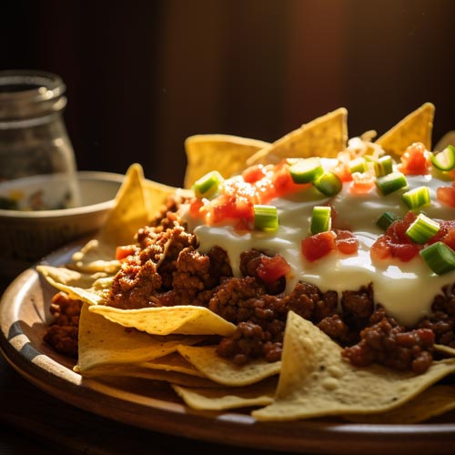 Herzhafte Nachos mit saftigem Rindfleisch, geschmolzenem Käse in schönem Setting.