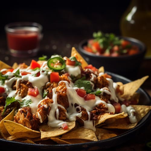 Feurige Buffalo Chicken Nachos überzogen mit cremiger Sauce und Jalapeños.