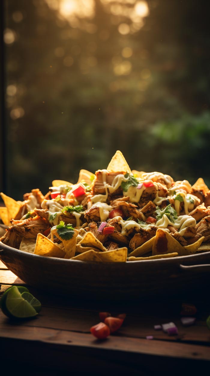 Schüssel voller Chicken Nachos mit einer Fülle von Toppings in warmem Licht.