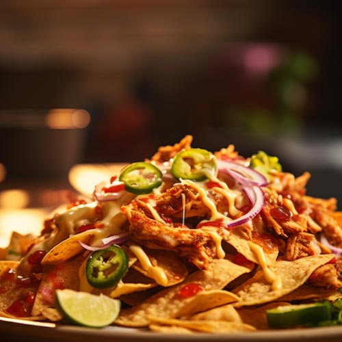 Ein Teller voller knuspriger Nachos, großzügig belegt mit frischer Pico-de-Gallo, Käse und begleitet von einer Schüssel Salsa, vor einem verschwommenen Hintergrund mit warmen Lichtern.