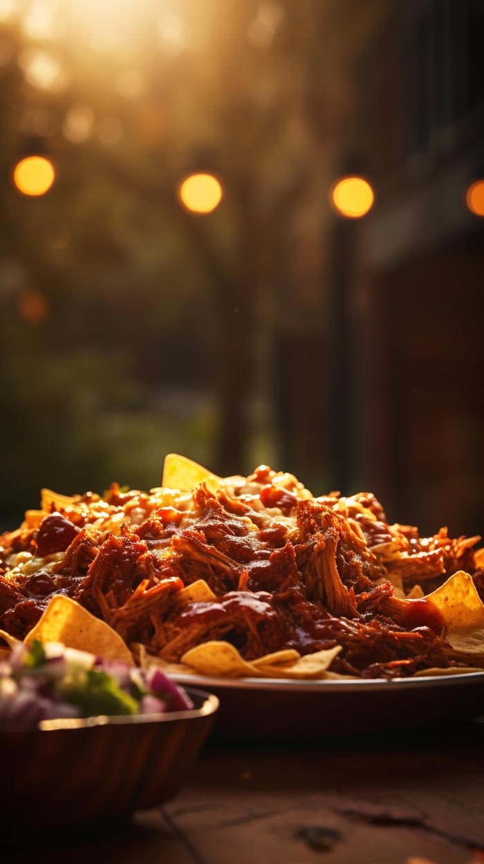 Üppige Pulled Pork Nachos mit geschmolzenem Käse und grünen Jalapeños.