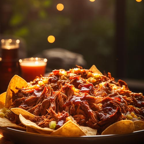 Pulled Pork Nachos mit geschmolzenem Käse und grünen Jalapeños mit Bokeh Effekt im Hintergrund