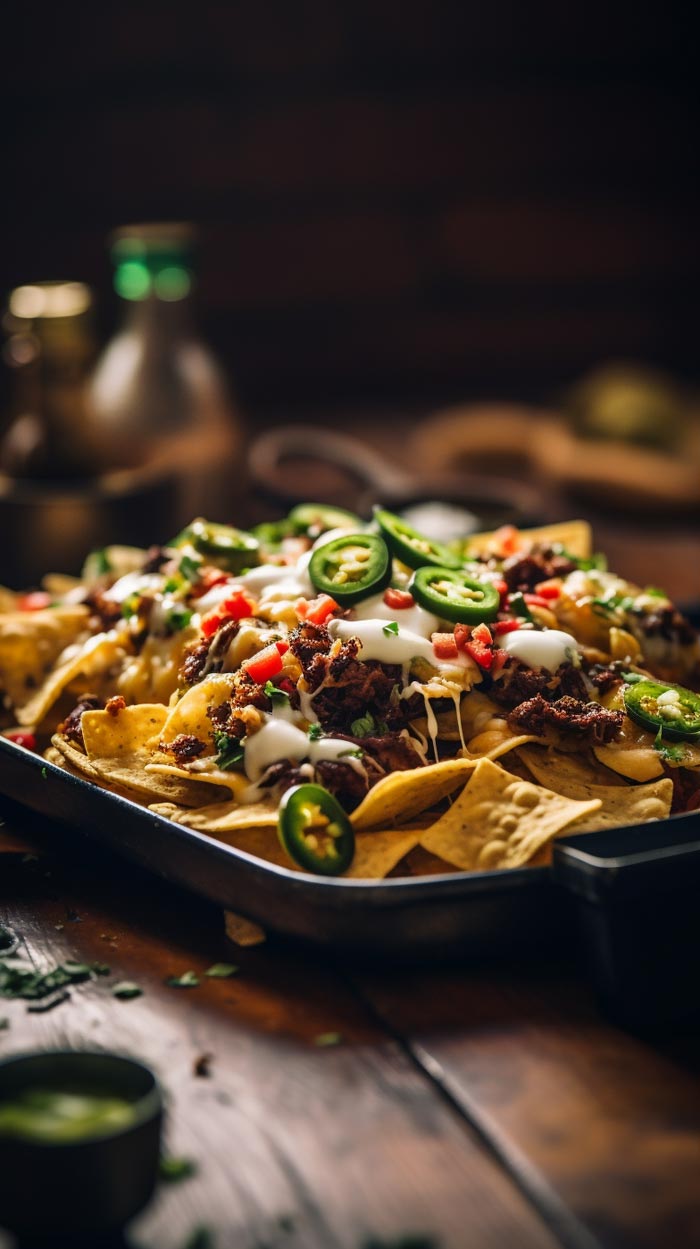 Knusprige Nachos bedeckt mit geschmolzenem Käse und Speck, perfekt beleuchtet.