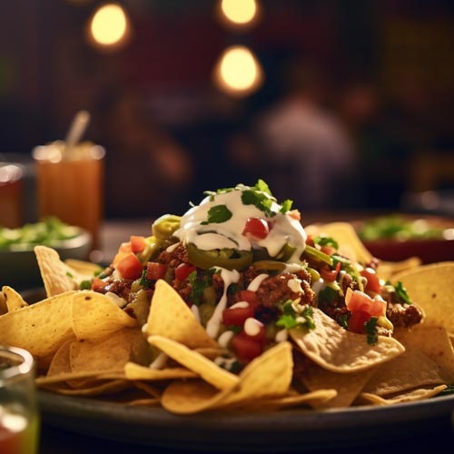 Ein Teller mit knusprigen Nachos üppig belegt mit Hackfleisch, Salsa, Guacamole, saurer Sahne und frischem Koriander, serviert in einem stimmungsvollen Restaurant mit unscharfem Hintergrund.