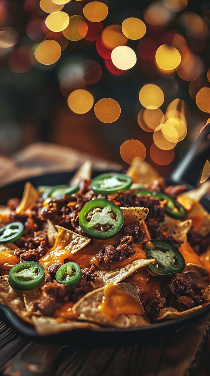 Ein Teller mit Nachos, bedeckt mit geschmolzenem Käse, Hackfleisch und frischen Jalapeño-Scheiben. Im Hintergrund sind unscharfe, warme Lichter zu sehen, die eine gemütliche Atmosphäre erzeugen.