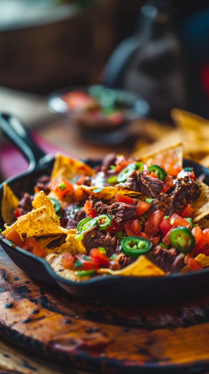 Ein Teller mit Nachos, reichlich belegt mit geschmolzenem Käse, Rindfleisch, Tomatenwürfeln und Jalapeño-Scheiben. Im Hintergrund sind unscharfe Objekte in einer gemütlichen Umgebung zu erkennen.
