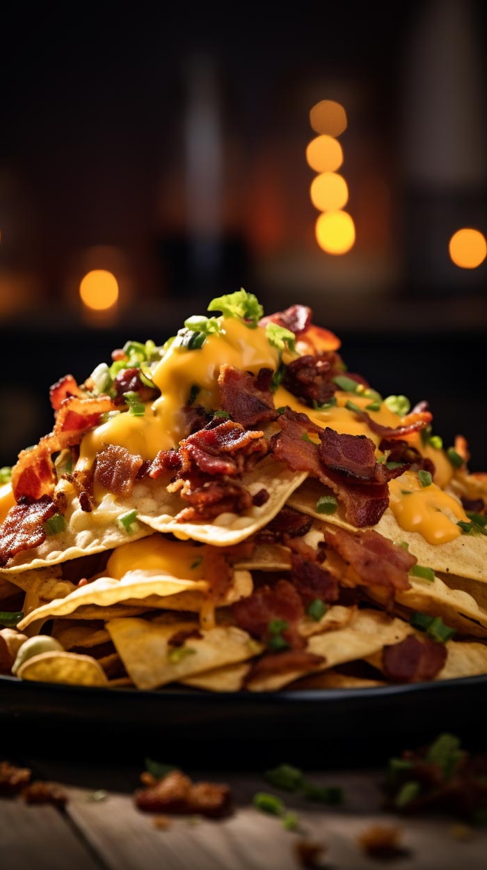 Frühstück Nachos mit knusprigem Bacon und einem Hauch von Frische, beleuchtet durch Morgensonne.