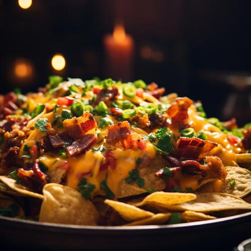 Nachos mit Bacon-Streuseln und einem Hauch von Frische, beleuchtet durch Morgensonne.